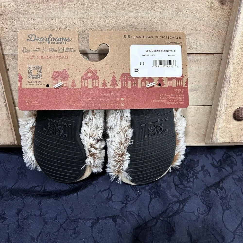 Dearfoams Cozy Comfort Baby Bear Toddler Fuzzy Slippers Size 5/6 Christmas Theme